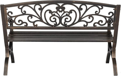50-Inch Outdoor Garden Bench, Cast Iron Metal Frame with Floral Backrest, Bronze Patio Bench for Porch, Lawn, or Park, 500lbs Capacity