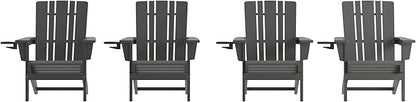 Flash Furniture Halifax Adirondack Chairs with Cup Holders, Weather Resistant Poly Resin Adirondack Chairs, Set of 4, Gray