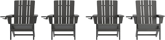 Flash Furniture Halifax Adirondack Chairs with Cup Holders, Weather Resistant Poly Resin Adirondack Chairs, Set of 4, Gray