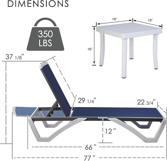 Kozyard Outdoor Chaise Lounge Chair, Full Flat Adjustable Patio Lounger with Aluminum Frame & Resin Legs, Textilene Fabric for Poolside, Backyard & Beach (Blue, 2Chairs with Table)