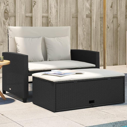 vidaXL Patio Sofa 2-Seater Garden Bench Storage Bed - PE Rattan, Black/Cream, UV-, Outdoor Lounge, 45.3"x29.5"x35.8"