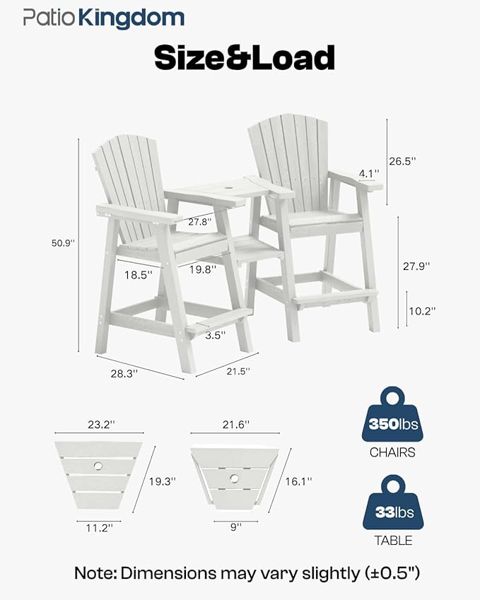 White HDPE Tall Adirondack Chair Set of 2 with Beige 9FT Patio Umbrella, All-Weather Outdoor Bar Height Chairs with Trays & Umbrella Hole for Garden, Balcony, Lawn