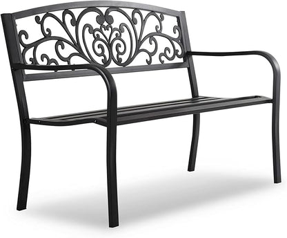 HCY 50 Inches Garden Bench Outdoor Metal Bench Patio Garden Bench Sturdy Steel Frame Furniture for Yard, Outdoor, Park, Porch, Entryway, Lawn,(Black)
