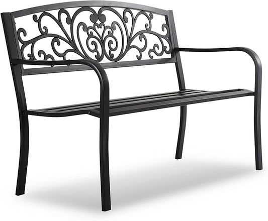 HCY 50 Inches Garden Bench Outdoor Metal Bench Patio Garden Bench Sturdy Steel Frame Furniture for Yard, Outdoor, Park, Porch, Entryway, Lawn,(Black)