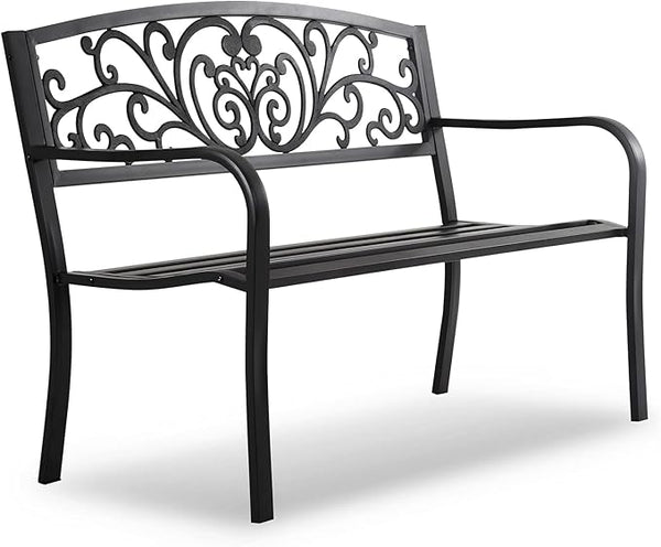 HCY 50 Inches Garden Bench Outdoor Metal Bench Patio Garden Bench Sturdy Steel Frame Furniture for Yard, Outdoor, Park, Porch, Entryway, Lawn,(Black)