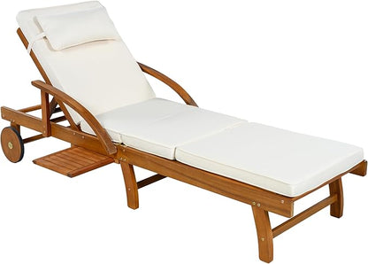 LUMISOL Acacia Wood Chaise Lounge Chair Set of 2, Patio Outdoor Chaise Lounge with Cushions, Adjustable Backrest, Leg Rest, Headrest, Retractable Side Tray for Patio, Pool, Garden, Beige