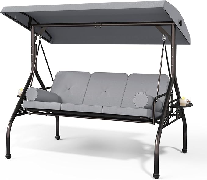 3 Seat Outdoor Porch Swing Chair, Adjustable Canopy Swing Bench, Convertible Backrest Swing Bed with Thicken Cushions - Photo 1