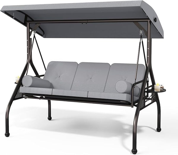 3 Seat Outdoor Porch Swing Chair, Adjustable Canopy Swing Bench, Convertible Backrest Swing Bed with Thicken Cushions - Photo 1
