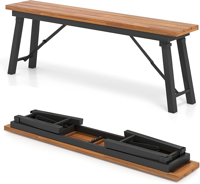 HAPPYGRILL Folding Picnic Bench Set of 2, 55” Long Rectangular Wooden Dining Camping BBQ Benches, Portable Acacia Wood Bench w/Metal Frame, Outdoor Indoor Bench Seat for Porch Garden Yard Patio Deck