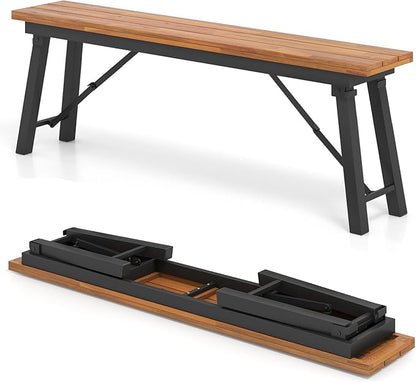 HAPPYGRILL Folding Picnic Bench Set of 2, 55” Long Rectangular Wooden Dining Camping BBQ Benches, Portable Acacia Wood Bench w/Metal Frame, Outdoor Indoor Bench Seat for Porch Garden Yard Patio Deck