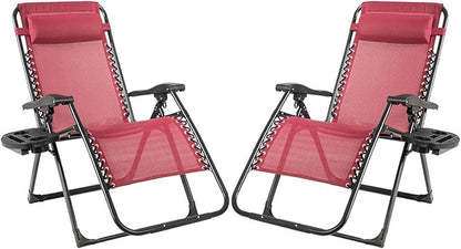 Goplus Oversized Zero Gravity Chair, XL-Extended Version, Outdoor Recliner w/Cup Holder & Detachable Headrest, Foldable Mesh Lounge Chairs for Patio Pool Porch & Deck, 500LBS (Set of 2, Wine)