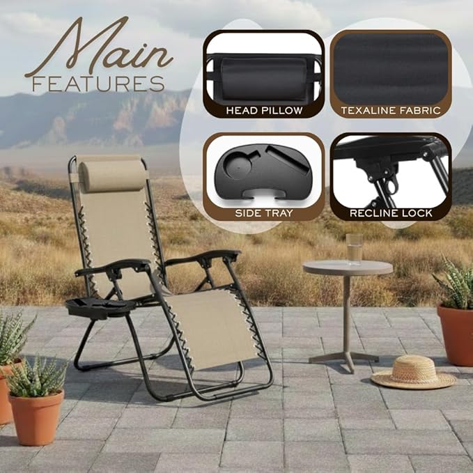 2-Pack Adjustable Zero Gravity Lounge Chair with Steel Mesh Fabric: Reclining Lawn Chair Featuring Comfort Pillow - Photo 5
