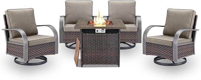 Belord 5 Pieces Patio Furniture Set with Fire Pit Table - 4 Outdoor Swivel Rocker Chairs with 50000 BTU Propane Fire - Photo 1
