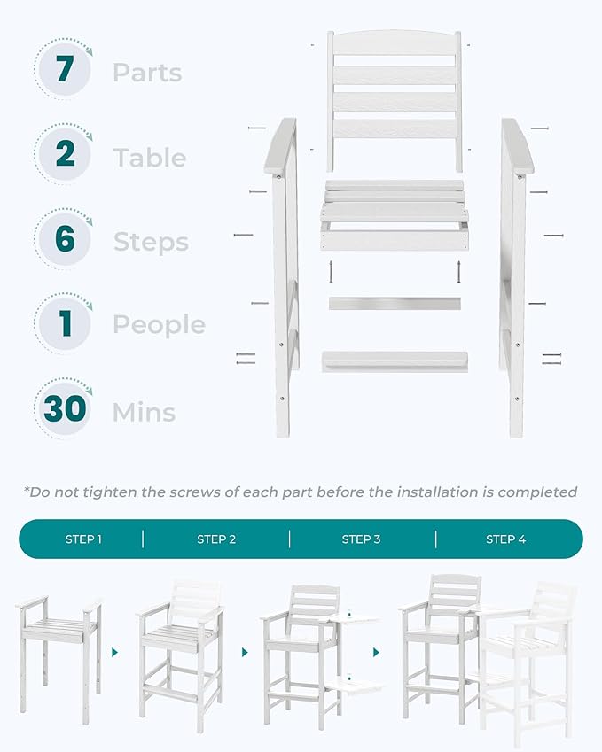 SERWALL Tall Adirondack Chairs Set of 2 with Connecting Table, Balcony Adirondack Chairs Set, Outdoor Bar Height Barstools Chair Set for Bistro, Poolside, Garden, White