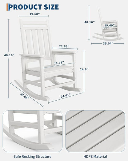 HDPE Outdoor High Back Adirondack Rocking Chair, All-Weather Patio Furniture for Adults, 380lbs Weight Capacity, Low-Maintenance Porch Rocker for Backyard/Garden, White