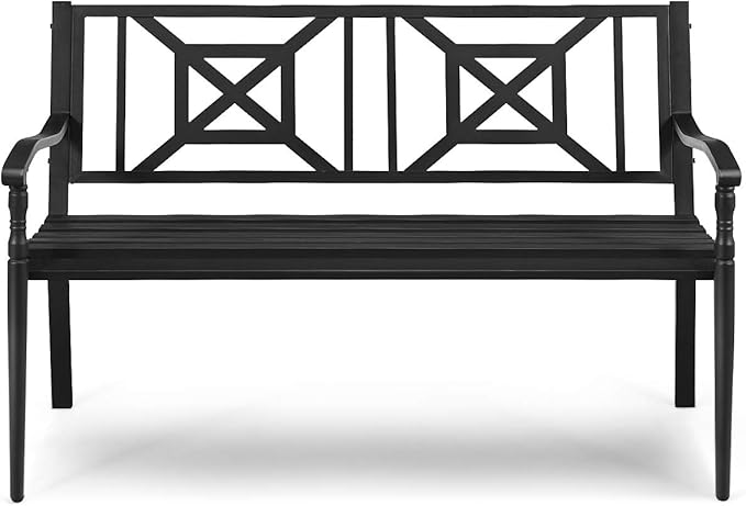 S AFSTAR Outdoor Garden Bench, Metal Porch Bench Seat with Slated Seat & Decorative Backrest - Photo 9