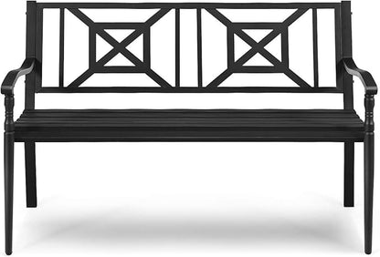 S AFSTAR Outdoor Garden Bench, Metal Porch Bench Seat with Slated Seat & Decorative Backrest, 2-Person Loveseat for Patio Garden, Powder Coated Iron Frame, Patio Bench Front Door Bench for Outside