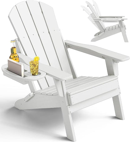 Adjustable Adirondack Chair with Cup Holder, All Weather HDPE Fire Pit Chairs for Deck, Backyard, Patio, White