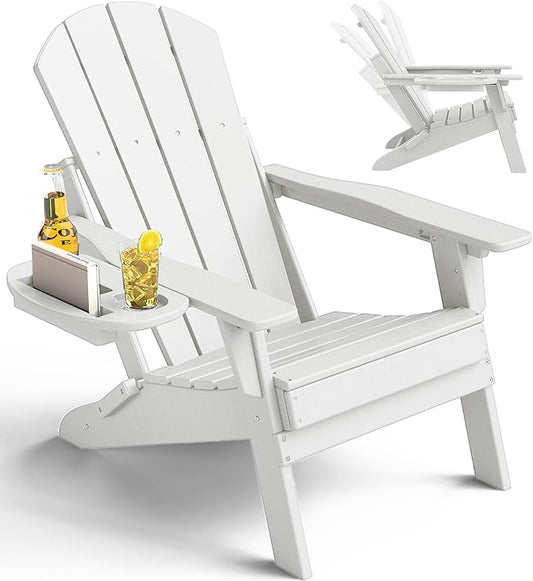 Adjustable Adirondack Chair with Cup Holder, All Weather HDPE Fire Pit Chairs for Deck, Backyard, Patio, White