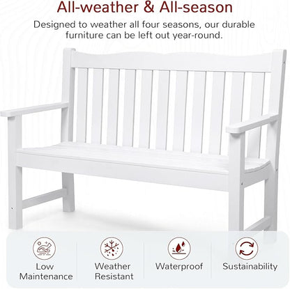 Stoog Outdoor Benches Set of 2, All-Weather HIPS Plastic Garden Bench with 800lb Capacity, Never Fade or Rot, Used for Patio, Porch, Backyard and Park, White