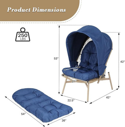 Athena Collection Patio Wicker Egg Chair with Folding Canopy, All-Weather Rattan Patio Lounge Chair with Sun Shade, Balcony Furniture Outside Seating for Front Porch, Garden, Poolside, Outdoor, Blue