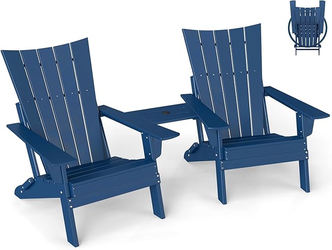 GREENVINES Folding-Adirondack-Chairs-Set-of-2 | HDPE Plastic | Arch Series | Fire Pit Chair | with Connecting Tray | Removable Table | All Weather | for Outdoor Patio Deck Poolside | Blue