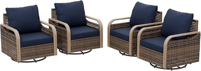 EAGLE PEAK Modern Wicker Outdoor Glider Rocking Chair, Swivel Rocker, Rattan Patio Furniture for Yard Deck Porch Garden, 4 Chairs, Brown/Blue