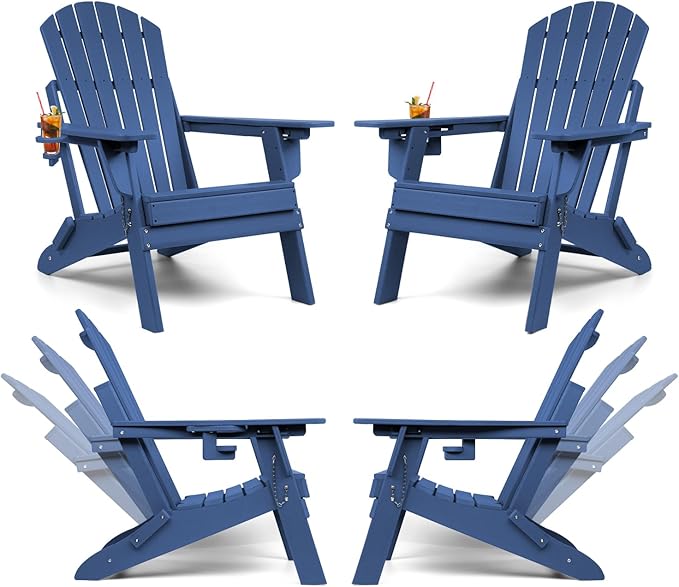 FUNBERRY Folding Adirondack Chairs Set of 4 with Adjustable Backrest, HDPE All Weather Fire Pit Chairs with Cup Holder