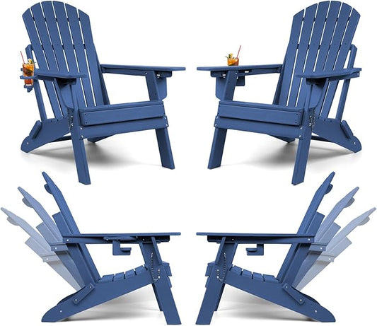 FUNBERRY Folding Adirondack Chairs Set of 4 with Adjustable Backrest, HDPE All Weather Fire Pit Chairs with Cup Holder