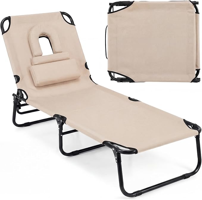 Tangkula Beach Lounge Chair, Folding Sunbathing Recliner with Face Hole, Face Down Tanning Chair with 4-Level Adjustable Backrest & 3 Removable Pillows, Chaise Lounge Chair for Patio (1, Beige)