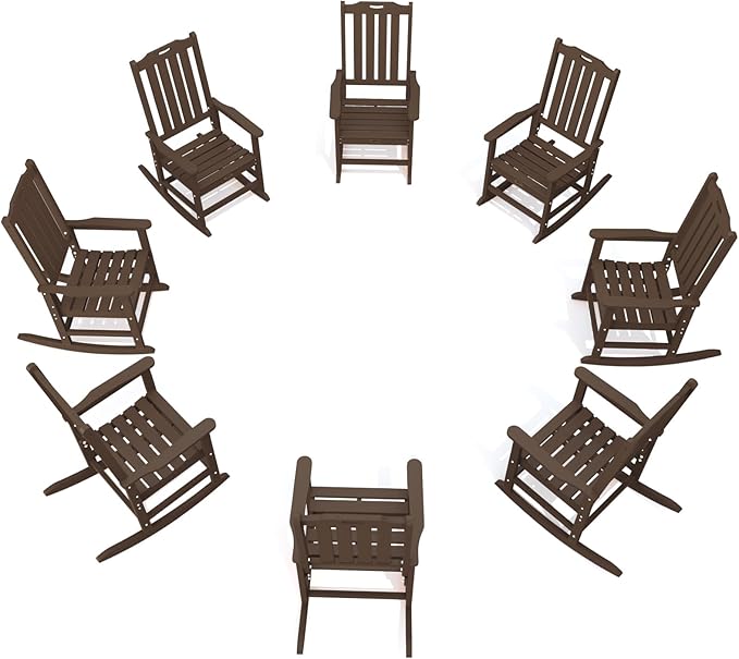 Oversized Rocking Chair Set of 8, Outdoor Rocking Chair for Adults, All Weather Resistant Porch Rocker for Lawn Garden, Brown