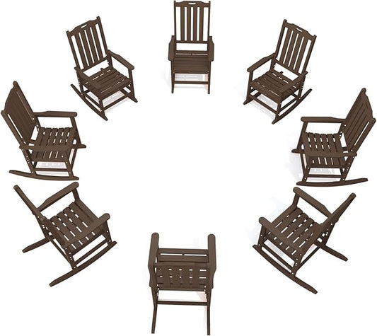 Oversized Rocking Chair Set of 8, Outdoor Rocking Chair for Adults, All Weather Resistant Porch Rocker for Lawn Garden, Brown