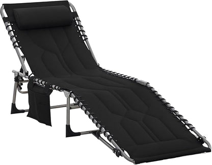 Outsunny Padded Folding Chaise Lounge Chair, Outdoor 6-Level Reclining Camping Tanning Chair with Headrest for Beach, Yard, Patio, Pool, Black