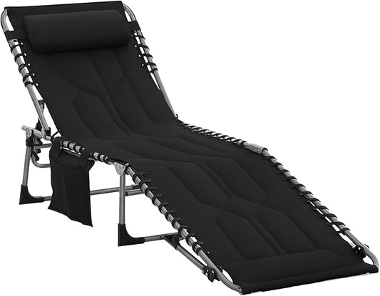 Outsunny Padded Folding Chaise Lounge Chair, Outdoor 6-Level Reclining Camping Tanning Chair with Headrest for Beach, Yard, Patio, Pool, Black