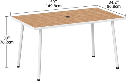 DWVO Outdoor Patio Dining Table Rectangular for 6, PE Rattan and Wood Finish Patio Table 59.1" L with Umbrella Hole, Steel Frame, Adjustable Legs, Weather-Resistant Garden Table