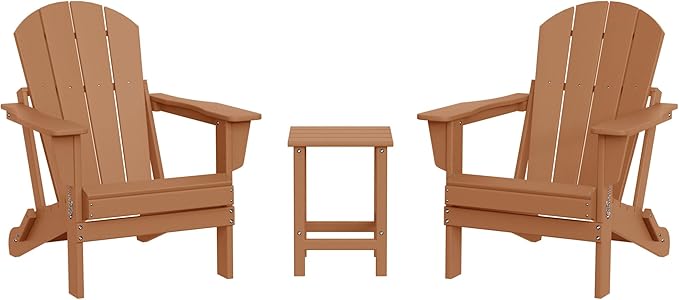 WestinTrends Malibu 3-Pieces Adirondack Chairs Set with Side Table, All Weather Outdoor Seating Plastic Patio Lawn Chair Folding for Outside Porch Deck Backyard, Teak
