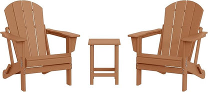 WestinTrends Malibu 3-Pieces Adirondack Chairs Set with Side Table, All Weather Outdoor Seating Plastic Patio Lawn Chair Folding for Outside Porch Deck Backyard, Teak