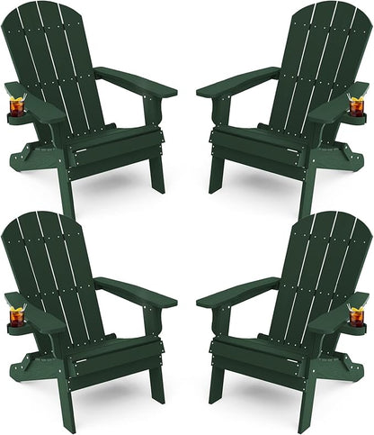 YEFU Adirondack Chair, Foldable Oversized Plastic Adirondack Chair Set of 4 with Cup Holder, Patio Chair with Weather Resistant for Outside Deck Lawn, Weight Capacity Up to 400 Lbs –Green