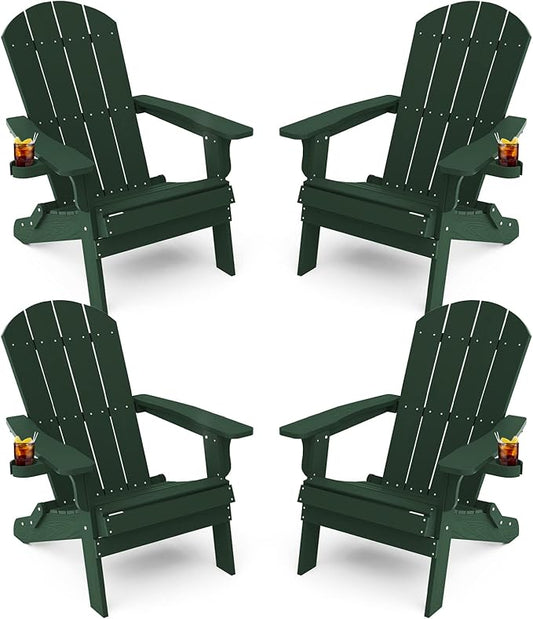 YEFU Adirondack Chair, Foldable Oversized Plastic Adirondack Chair Set of 4 with Cup Holder, Patio Chair with Weather Resistant for Outside Deck Lawn, Weight Capacity Up to 400 Lbs –Green