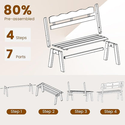 Tangkula Acacia Wood Outdoor Bench with Backrest, 2-Person Patio Garden Bench with Waved Backrest and Slatted Seat, 800 lbs Weight Capacity, Outside Loveseat for Front Porch, Balcony, Backyard, Park