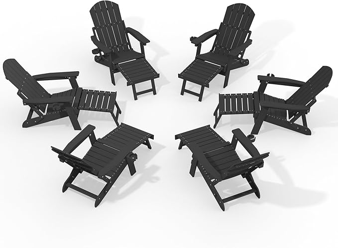 YEFU Adjustable Adirondack Chair with Retractable Ottoman Set of 6,Folding Adirondack Chair with Cup-Holder, Outdoor Chairs with Footrest,Weather Resistant Fire Pit Chairs,for Patio Lawn