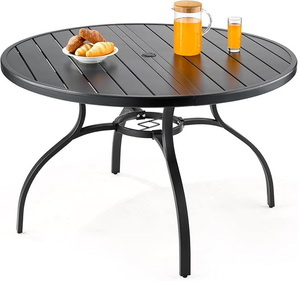 VEVOR Outdoor Patio Dining Table, 47 inch Round Metal Steel Slat Backyard Bistro Tables, with 1.5 in Umbrella Hole - Photo 1