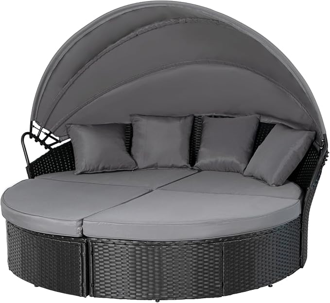 Outdoor Patio Furniture Canopy Daybed Round Sofas, 4 Pieces Seating Separates Cushioned Seats, Black Wicker - Photo 8