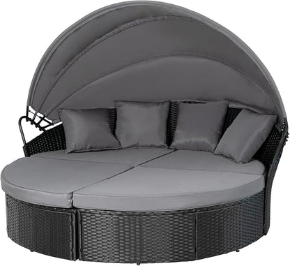 Outdoor Patio Furniture Canopy Daybed Round Sofas, 4 Pieces Seating Separates Cushioned Seats, Black Wicker, Lawn Poolside Garden, Grey
