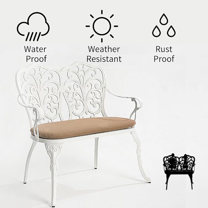 Patio Aluminum Outdoor Bench with Soft Cushion, Garden Metal Loveseat Furniture, Vintage Carving White Front Porch Chair Seat
