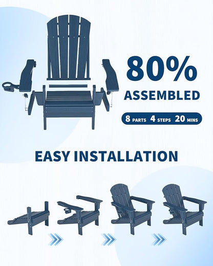 Folding Adirondack Chair Set of 2 with Side Table, All-Weather HDPE Outdoor Chair, Wooden Textured with Cup Holder for patios, Decks, Gardens, fire pits, Navy Blue