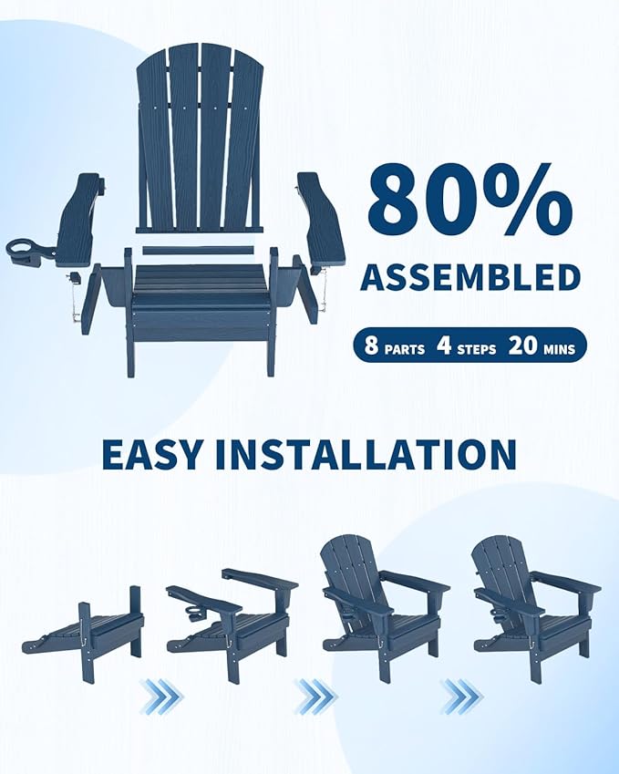 Garvee Folding Adirondack Chair with Ottoman, HDPE Outdoor Patio Chair with Cup Holder, All Weather Resistent Wooden Textured for patios, Decks, Gardens, fire Pit, Navy Blue