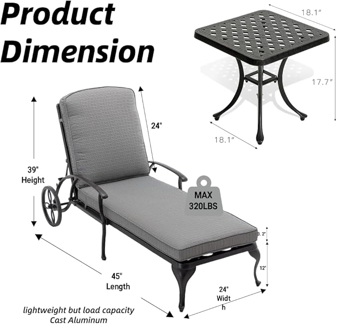 Chaise Lounge Outdoor Chair with Side Table, Adjustable Reclining Rust-Resistant Aluminum Cast Poolside Chaise with Convenient Wheels, Outdoor Lounge Furniture Set of 3, (Grey)