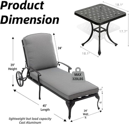 Chaise Lounge Outdoor Chair with Side Table, Adjustable Reclining Rust-Resistant Aluminum Cast Poolside Chaise with Convenient Wheels, Outdoor Lounge Furniture Set of 3, (Grey)