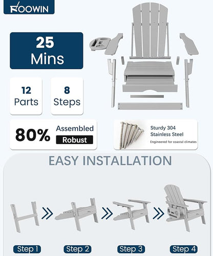 FOOWIN Folding Adjustable Adirondack Chair with Retractable Ottoman Set of 8, HDPE Adirondack Chair w/4 in 1 Cup Holder Trays,All-Weather Resistant Fire Pit Chair for Outdoor Patio Lawn, White Grey